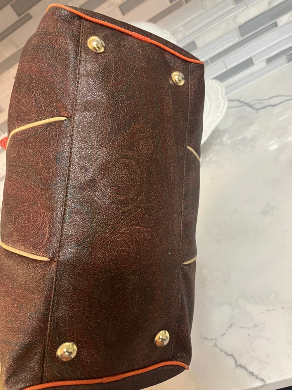 Etro Brown Leather Satchel with Tan Handles and Orange Trim - Picture 5 of 6